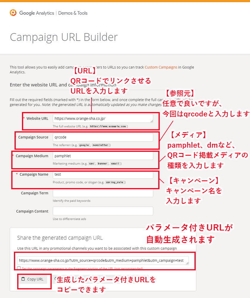 【URL】 QRコードでリンクさせるURLを入力します 【参照元】 任意で良いですが、今回はqrcodeと入力します 【メディア】 pamphlet、dmなど、 QRコード掲載メディアの種類を入力します 【キャンペーン】 キャンペーン名を入力します 【結果】 パラメータ付きURLが自動生成されます。 （生成したパラメータ付きURLをコピーできます）
