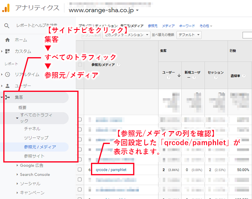 【サイドナビをクリック】集客→すべてのトラフィック→参照元/メディア【参照元/メディアの列を確認】今回設定した「qrcode/pamphlet」が表示されます。